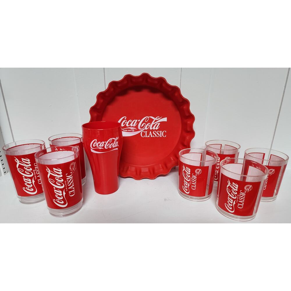 Vintage Coca-Cola Plastic Glass Set w/ Large Pop-Top Tray 8 Glasses + Cup